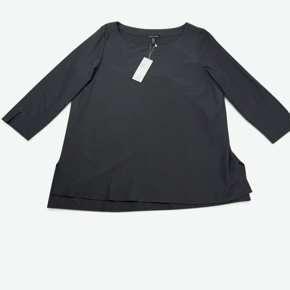 Eileen Fisher Ballet Neck Top Womens XL Lightweight Stretch Crepe Graphite NWT